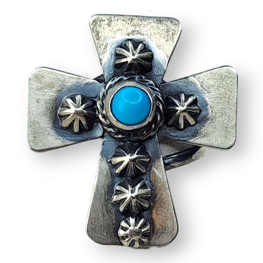 Running Bear Sterling Silver 925 Sleeping Beauty Turquoise Cross Ring Size 9